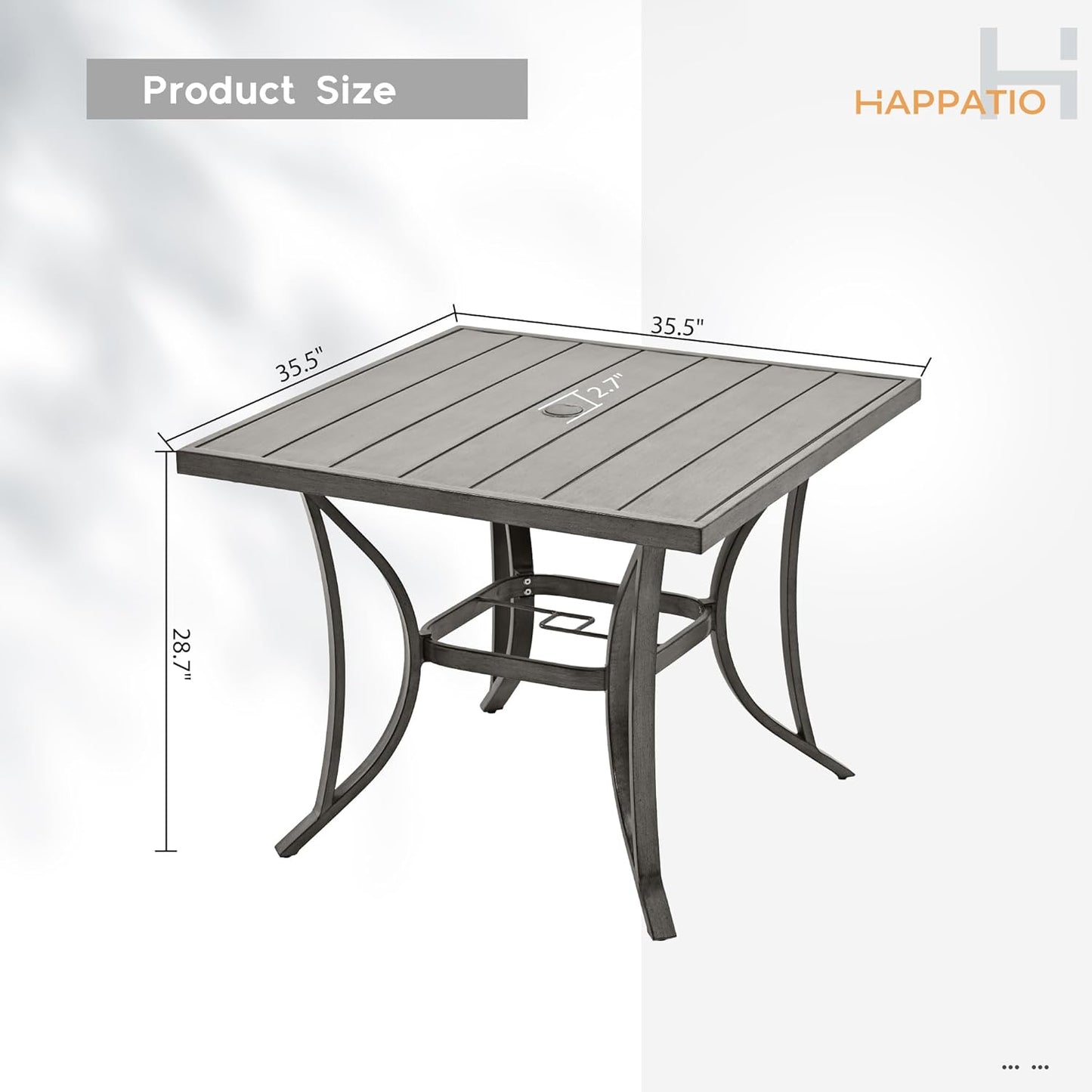 HAPPATIO Square Outdoor Dining Table - Patio Aluminum Slat Dining Table with 2.2" Umbrella Hole, 4 Person Dining Table for Garden, Backyard and Poolside