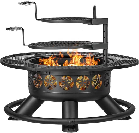 47 Inch Outdoor Fire Pit with 2 Grills, Extra Large BBQ Firepits for Outside, Metal Round Fire pits with Lid&Fire Poker,3 in 1 Wood Burning Outdoor Fireplaces for Backyard,Patio,Bonfire