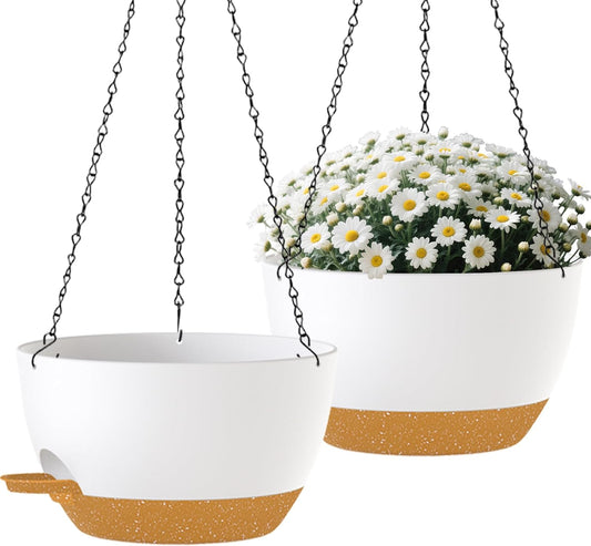 2 Pack Hanging Planters for Indoor Outdoor Plants, 12 Inch Self Watering Hanging Pot with Drainage Holes and Saucer, Plastic Plant Pots, White Brown Flower Pots for Kitchen, Balcony, Garden