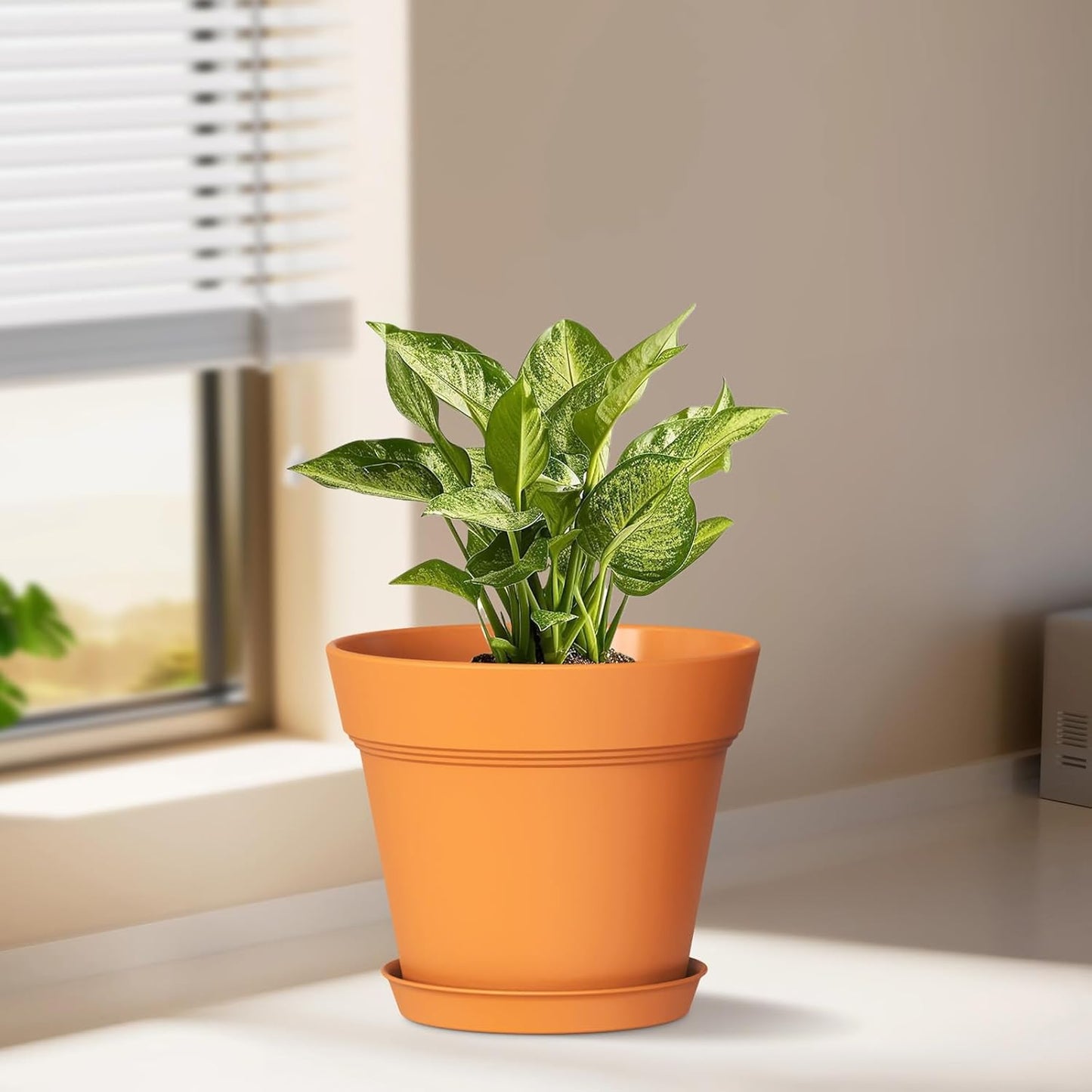 4 Inch Plastic Plant Pots with Drainage Holes and Trays – 8 Pack Small Nursery Pots for Indoor & Outdoor House Plants and Flowers, Seedling Starter Planters, Terracotta