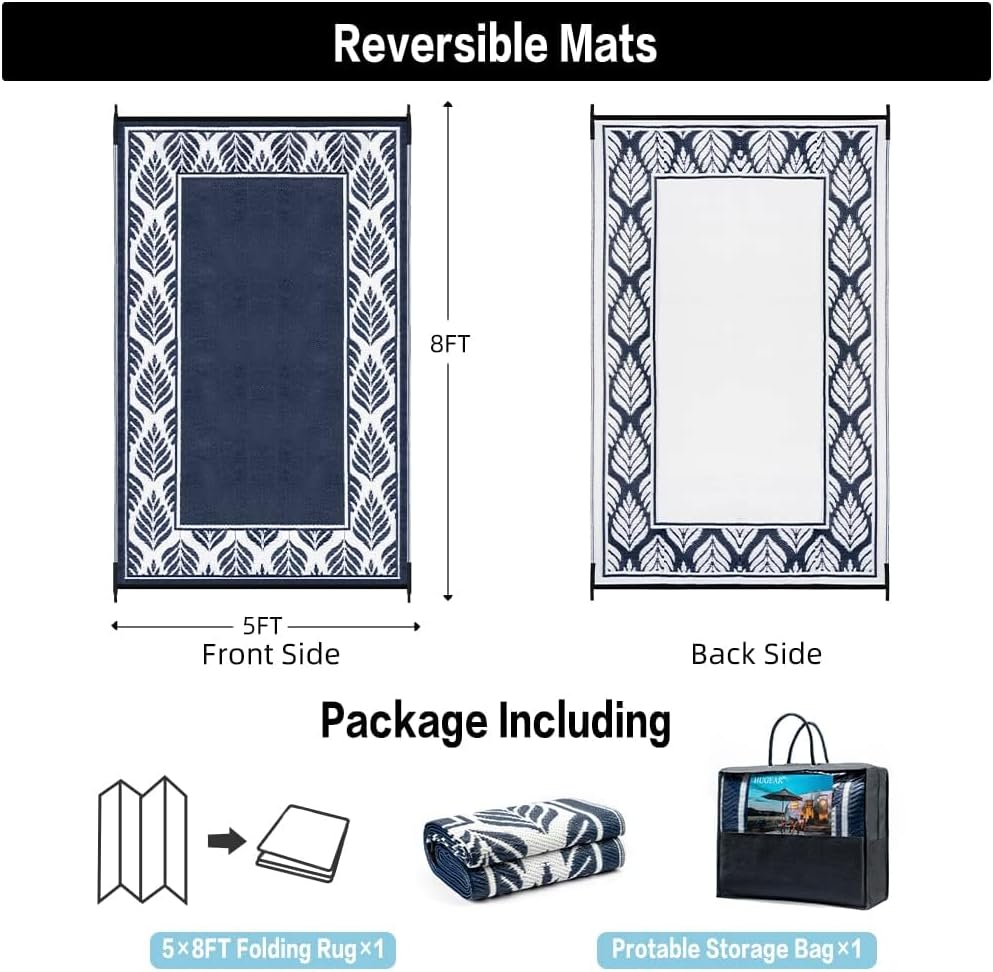 Outdoor Plastic Straw Rug, Waterproof Mat, Washable Large Floor Mat and Rug for Outdoors, RV, Beach, Patio, Camping, Backyard, Deck, Picnic, Outside (5x8ft,Olive-Leaf/Dark Blue&White)