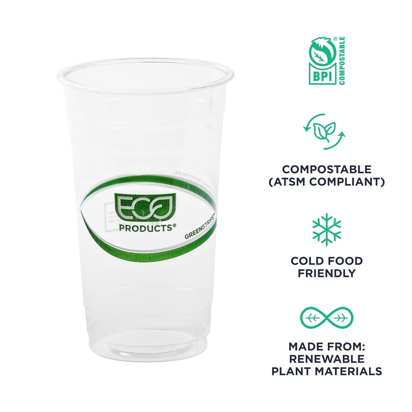 ECO PRODUCTS GreenStripe Clear Compostable 24oz PLA Large Plastic Cups, Pack of 50, Disposable Renewable Plant-Based Cold Cups, For Cold Drinks & Snacks, BPI Certified, ASTM Compliant.
