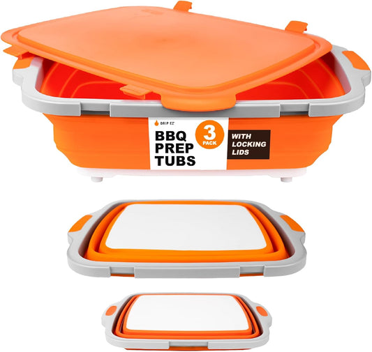 Drip EZ Collapsible BBQ Prep Tubs 3-Piece Set- For Meal Prep Marinating Food Storage - Includes Cutting Board & Lid - (1) JR + (1) OG + (1) XL - Orange