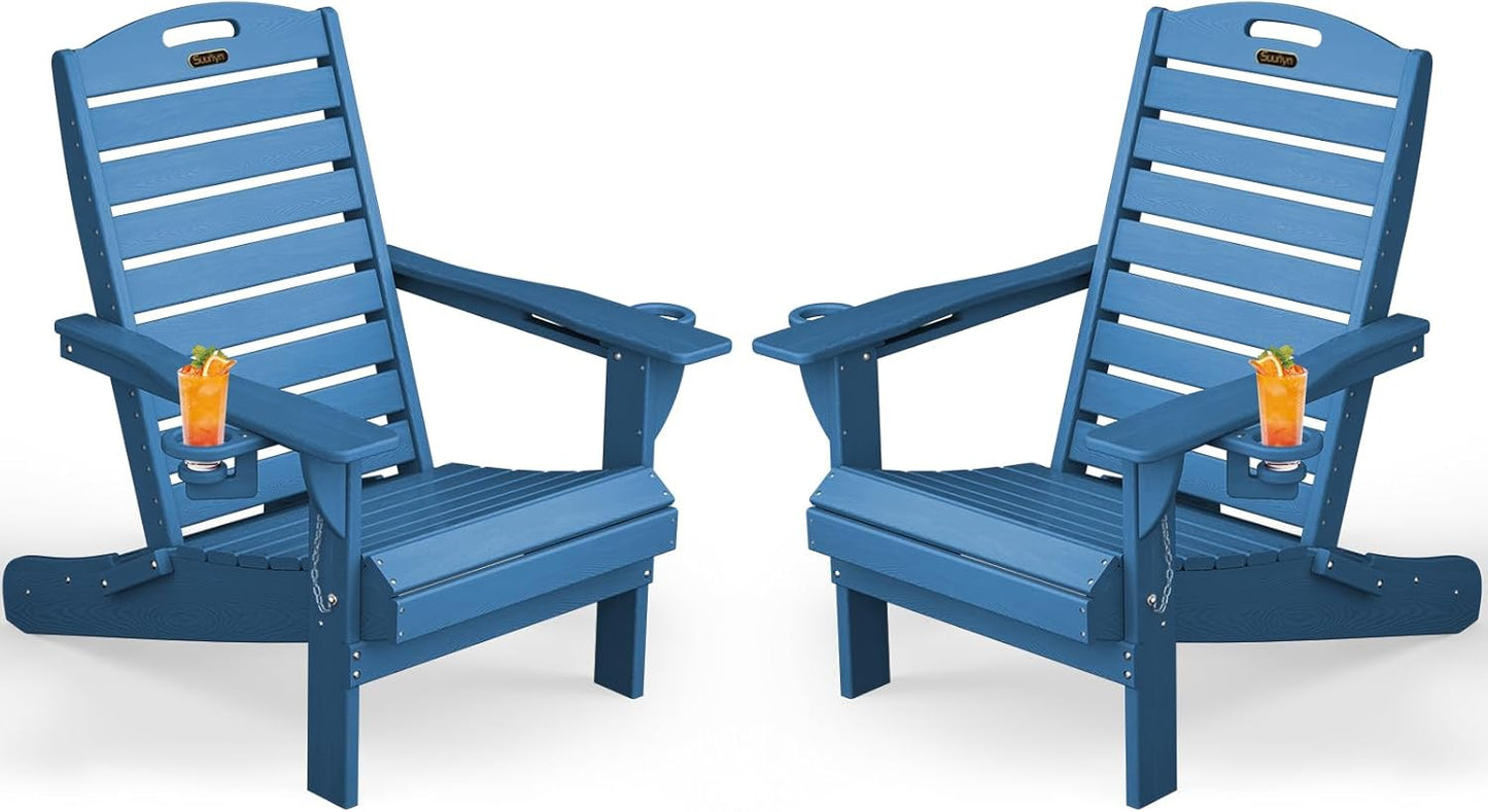 Adirondack Chairs Set of 2, Outdoor Fire Pit Chairs, HDPE All-Weather Adirondack Chairs with Cup Holder, Lawn Chair for Deck, Patio, Garden (NavyBlue)