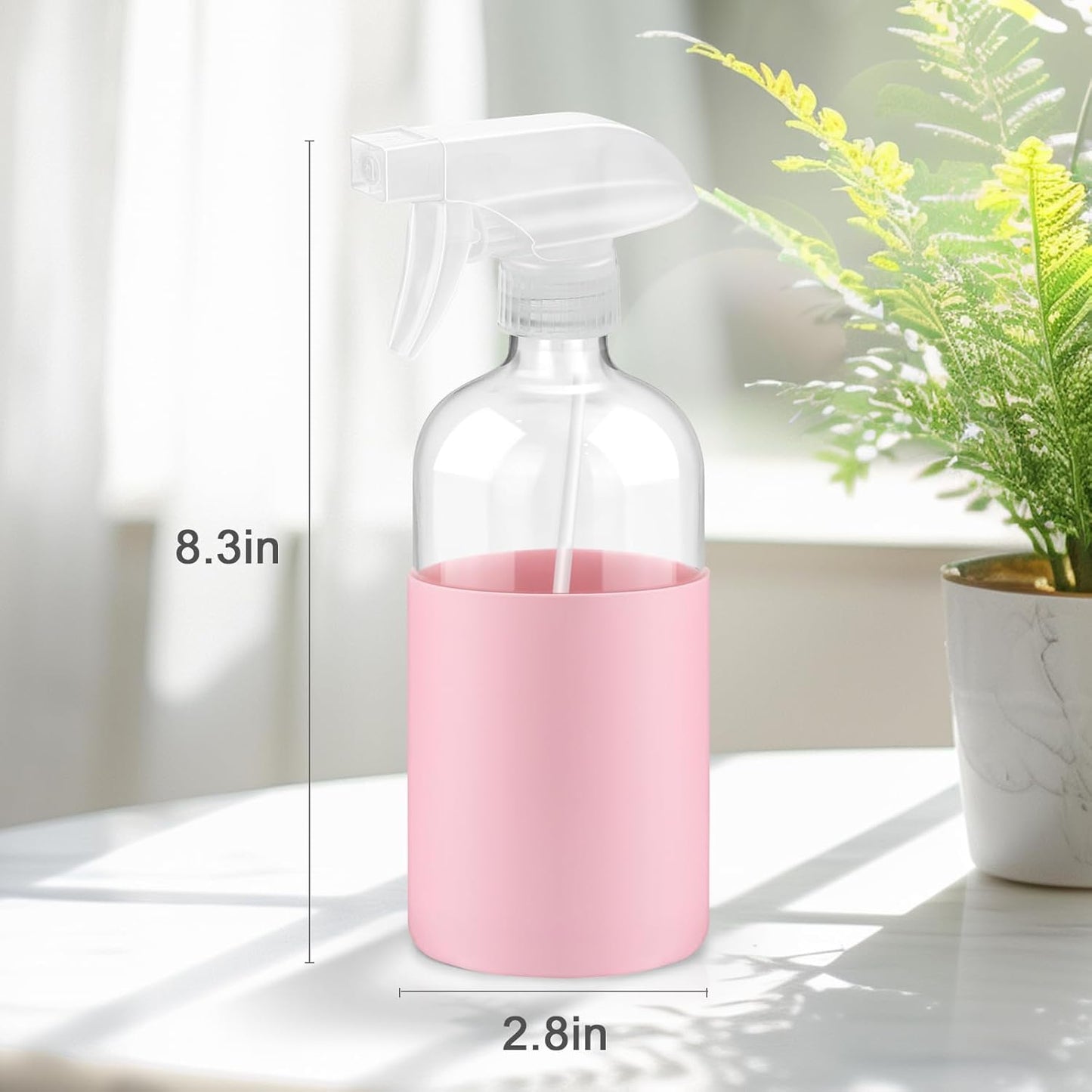 2 Pack Glass Spray Bottles with Long Silicone Sleeve, 16 oz Empty Refillable Containers with Adjustable Spray Nozzles, Spray Bottles for Hair, Cleaning Solutions and Plants Pink