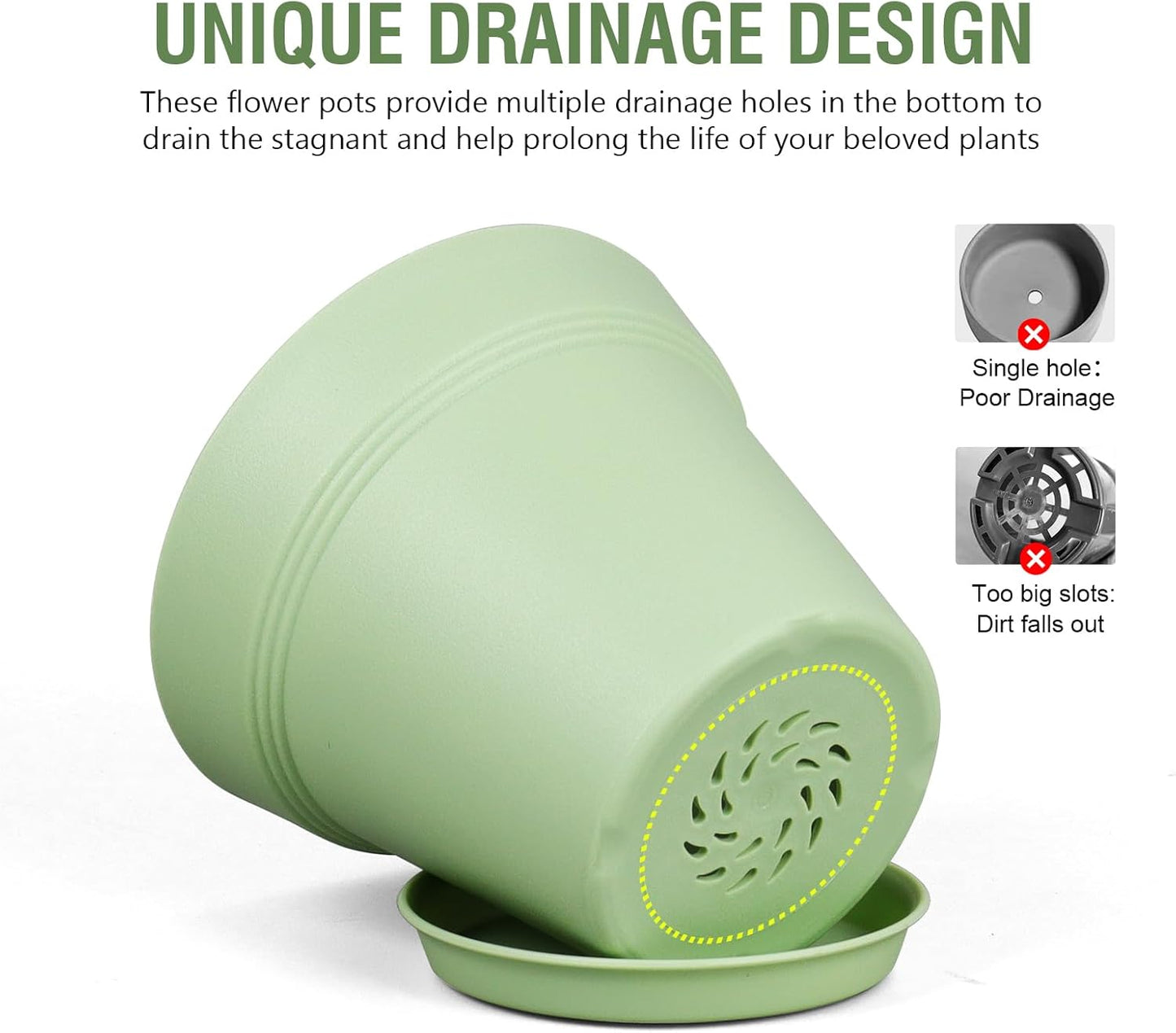 4 inch Small Plastic Nursery Pots, Seedling Pots - 16 Pack Plant Pots for Indoor & Outdoor Plants, Decorative Flower Pots with Drainage Holes and Saucers for House Plants, Green