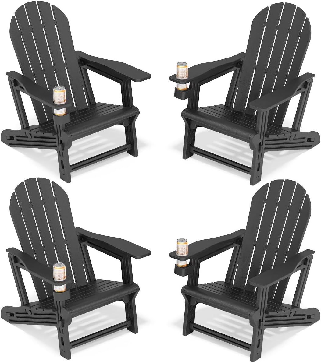 Adirondack Chairs Set of 4, Tool-Free Assembly All-Weather Plastic Adirondack Chairs, HDPE Fire Pit Chairs with Cup Holder, Outdoor Chair for Patio Garden (Black)
