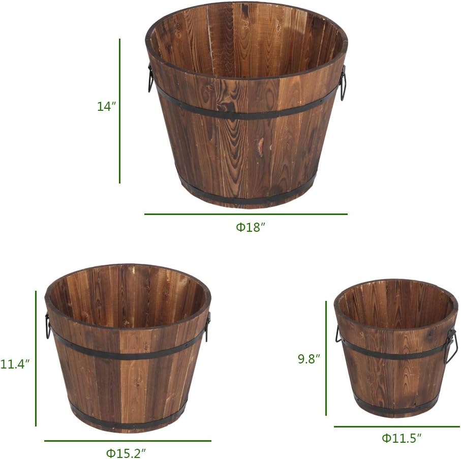3 Pcs Wooden Planter Barrel Set, Outdoor Flower Pots with Handle & Drainage Holes, Rustic Whiskey Barrel Planter for Plants, Herbs, Veggies, Indoor Outdoor Use