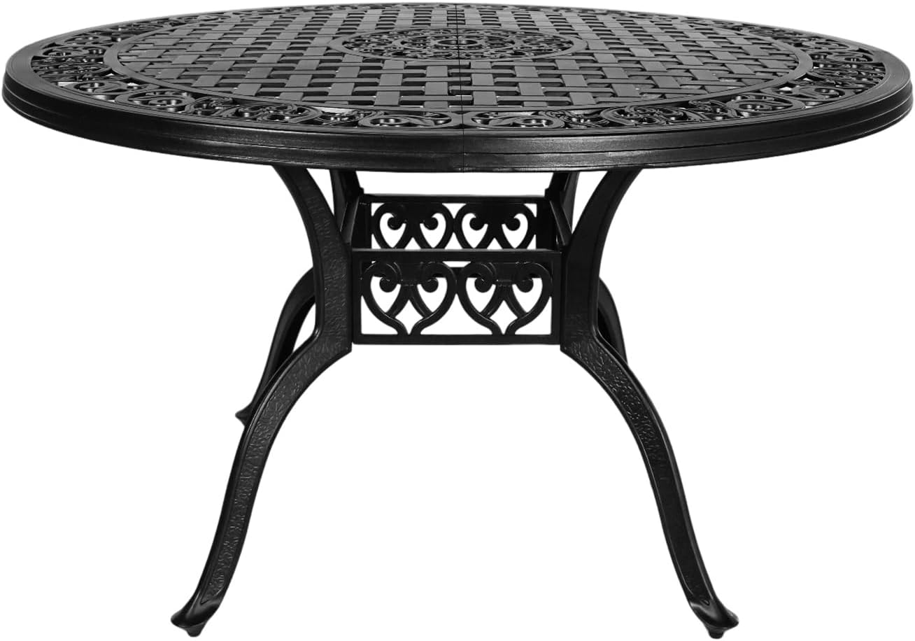 48 Inch Outdoor Dining Table Round Patio Bistro Table Powder-Coated Cast Aluminum Frame Patio Dining Table Garden Table with Umbrella Hole (Black)