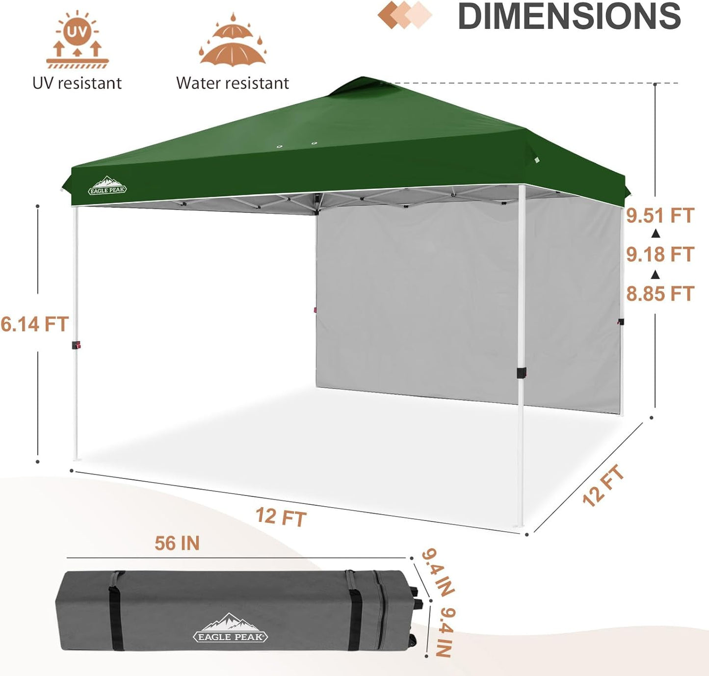 EAGLE PEAK Pop Up Canopy Tent with 1 Sidewall, Easy Setup Event Tent, Outdoor Sun Shade, Wheeled Carry Bag, Stakes and Guy Ropes, Instant Canopy 12x12, Green