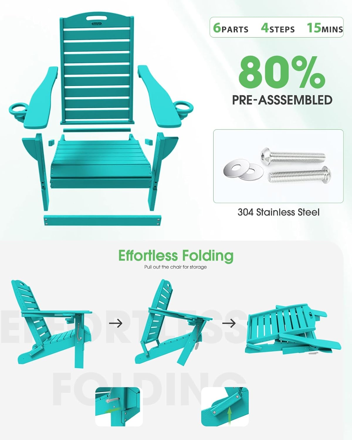 Adirondack Chairs Set of 6, Outdoor Fire Pit Chairs, HDPE All-Weather Adirondack Chairs with Cup Holder, Lawn Chair for Deck, Patio, Garden (Lake Blue)