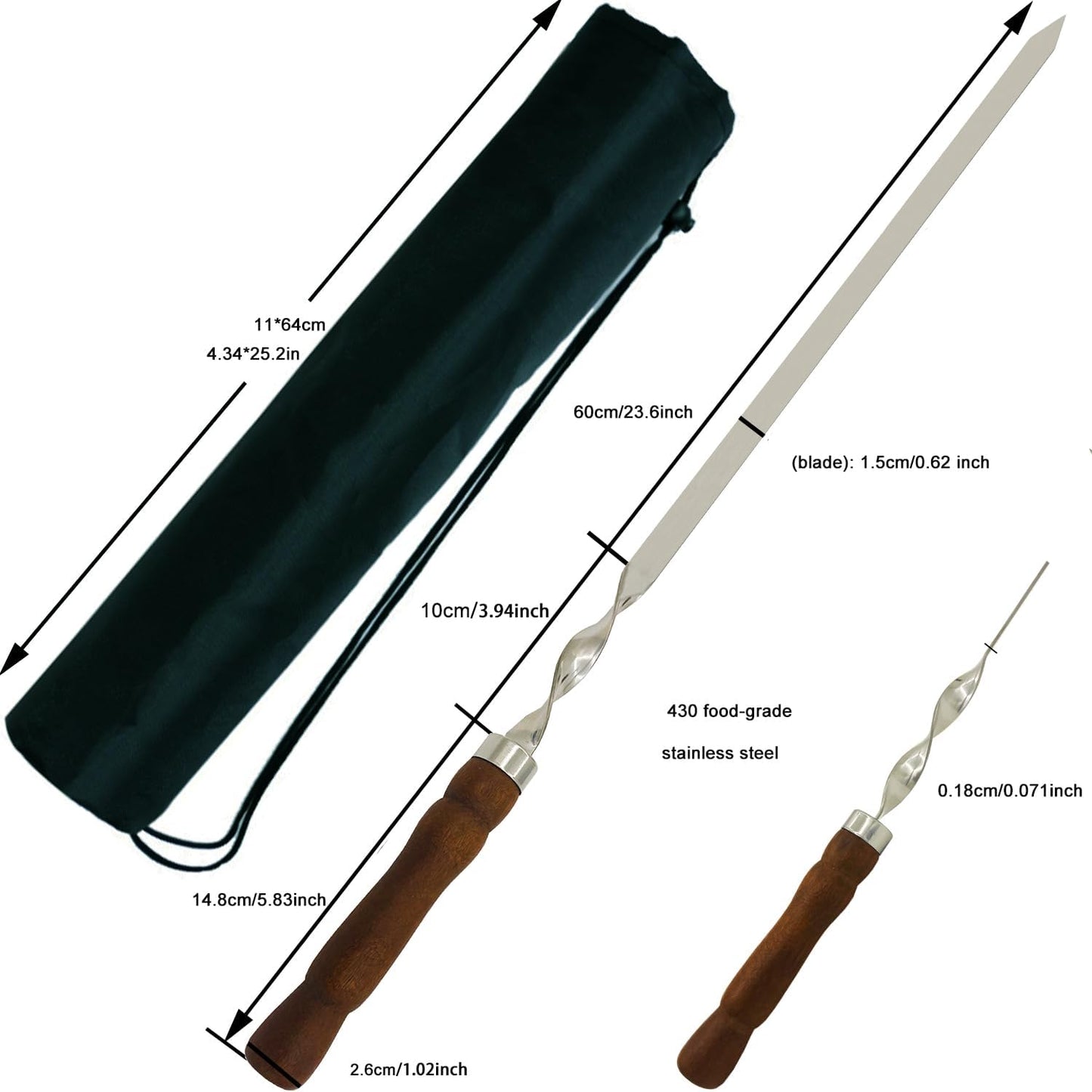 23.6 Inch Skewers for Kabobs 0.62 Inch Wide Kabob Skewer 8PCS Reusable Metal Skewers for Grilling Long Kebab Skewer Large Heavy Duty BBQ Sticks Stainless Steel Barbecue Sticks with Oak Handle