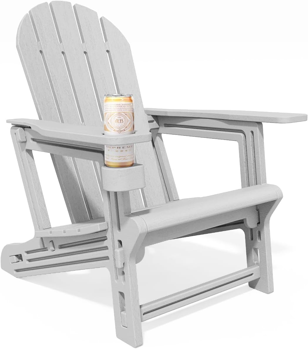 Adirondack Chair, Tool-Free Assembly All-Weather Adirondack Chairs, HDPE Fire Pit Chairs with Cup Holder, Outdoor Chair for Patio Garden (Grey)