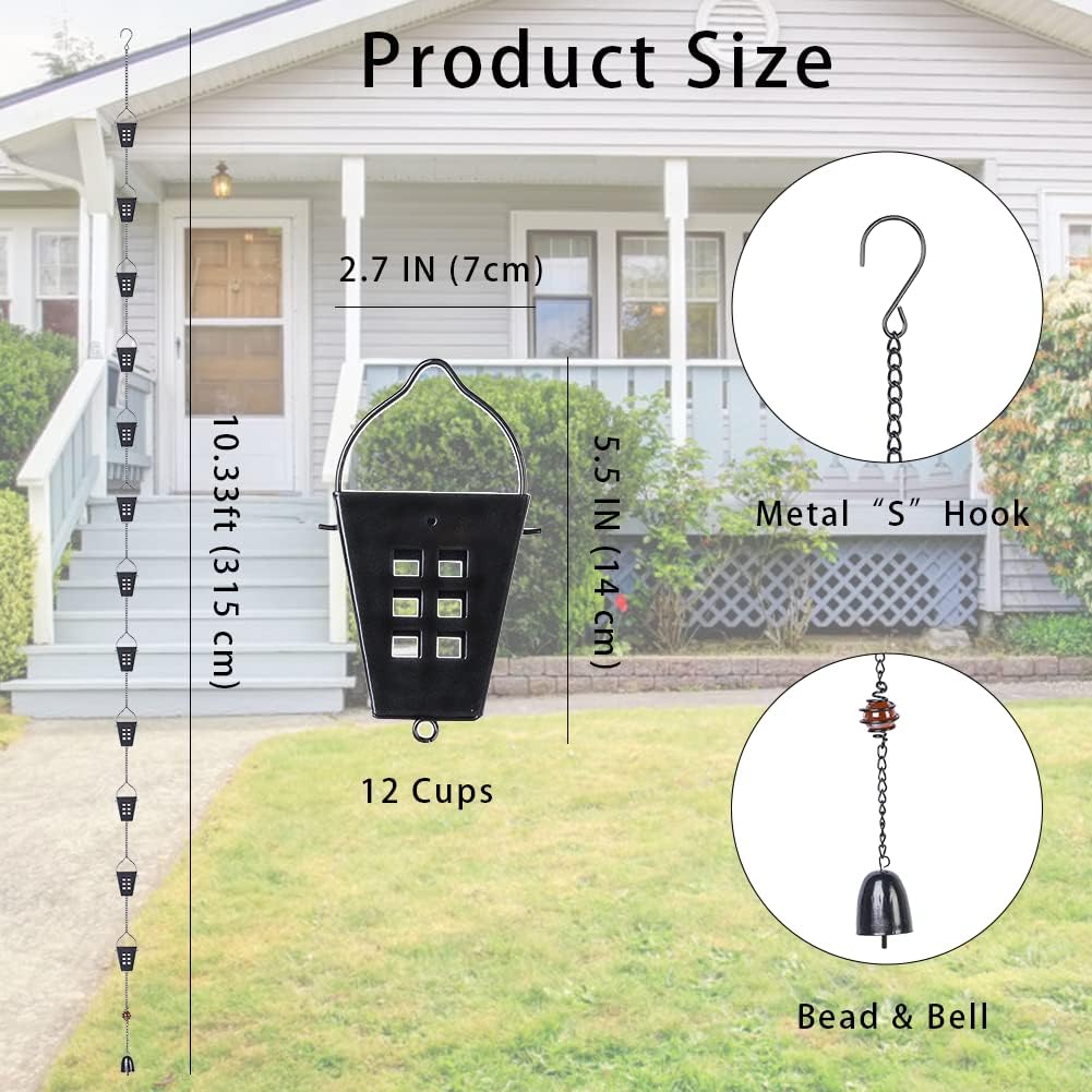 Square Rain Chain, 10 Ft Black Rain Gutter Chains with 12 Cups, Adjustable Rain Catcher Chain with Bell for Eaves Drainage, Outdoor Replacement Downspout for Gutters