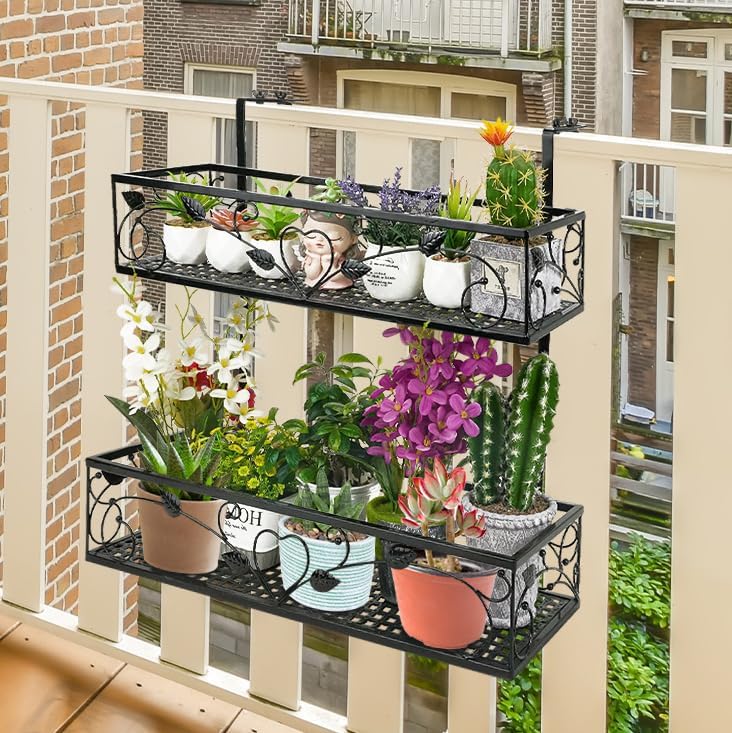 2-Tier Outdoor Flower Pot Stand Rack, Balcony Patio Railing Hanging Shelf Basket,Iron Height Adjustable Hanging Plants Container Holder with 1pc Spray Bottle for Yard Fence Garden Decor,Black