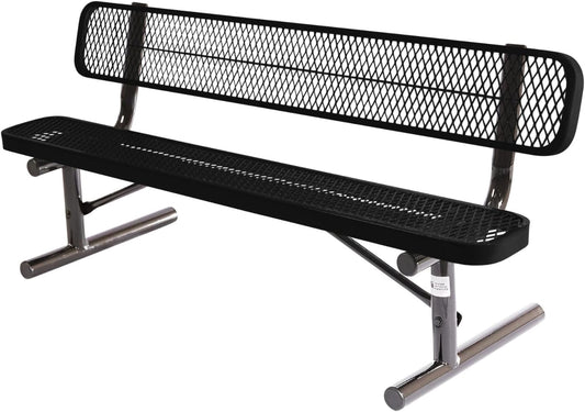 Heavy-Duty Portable Outdoor Bench Thermoplastic Coated, Expanded Metal, Commercial-Grade Seating, Made in America (Portable with Back, 6 Ft, Textured Black)
