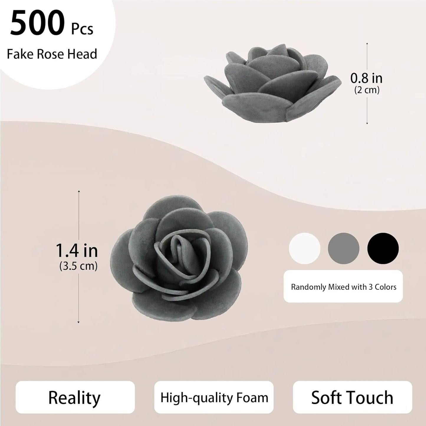 500 Pcs 1.4 Inch Mini Artificial Flowers Head Bulk 5 in 1 Set Faux Foam Fake Small Rose Tiny Baby Flores Bouquet Cake Gift Home Decoration DIY Craft (Black, Gray, White Mixed)