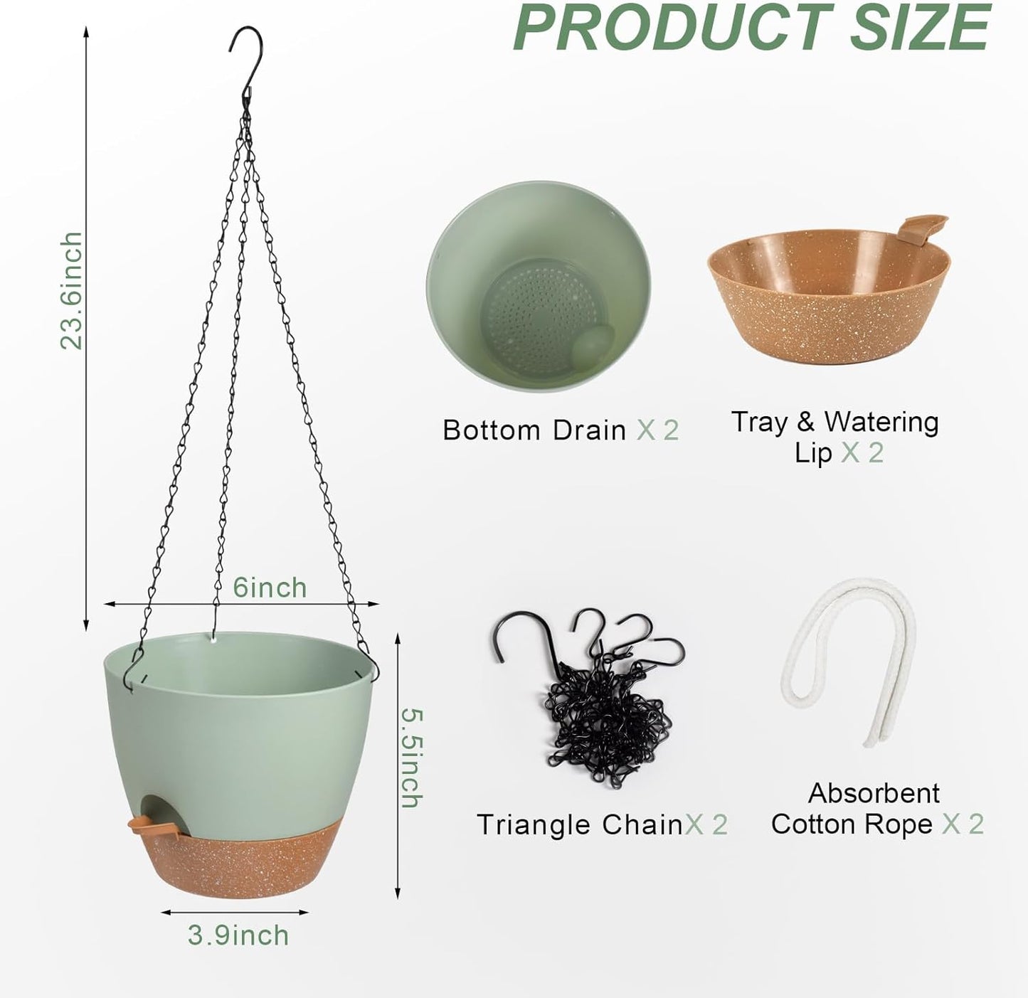 Hanging Planters for Indoor Outdoor Plants, 2 Pack Self Watering Hanging Pot with Drainage Holes & Removable Tray (Green, 6'')
