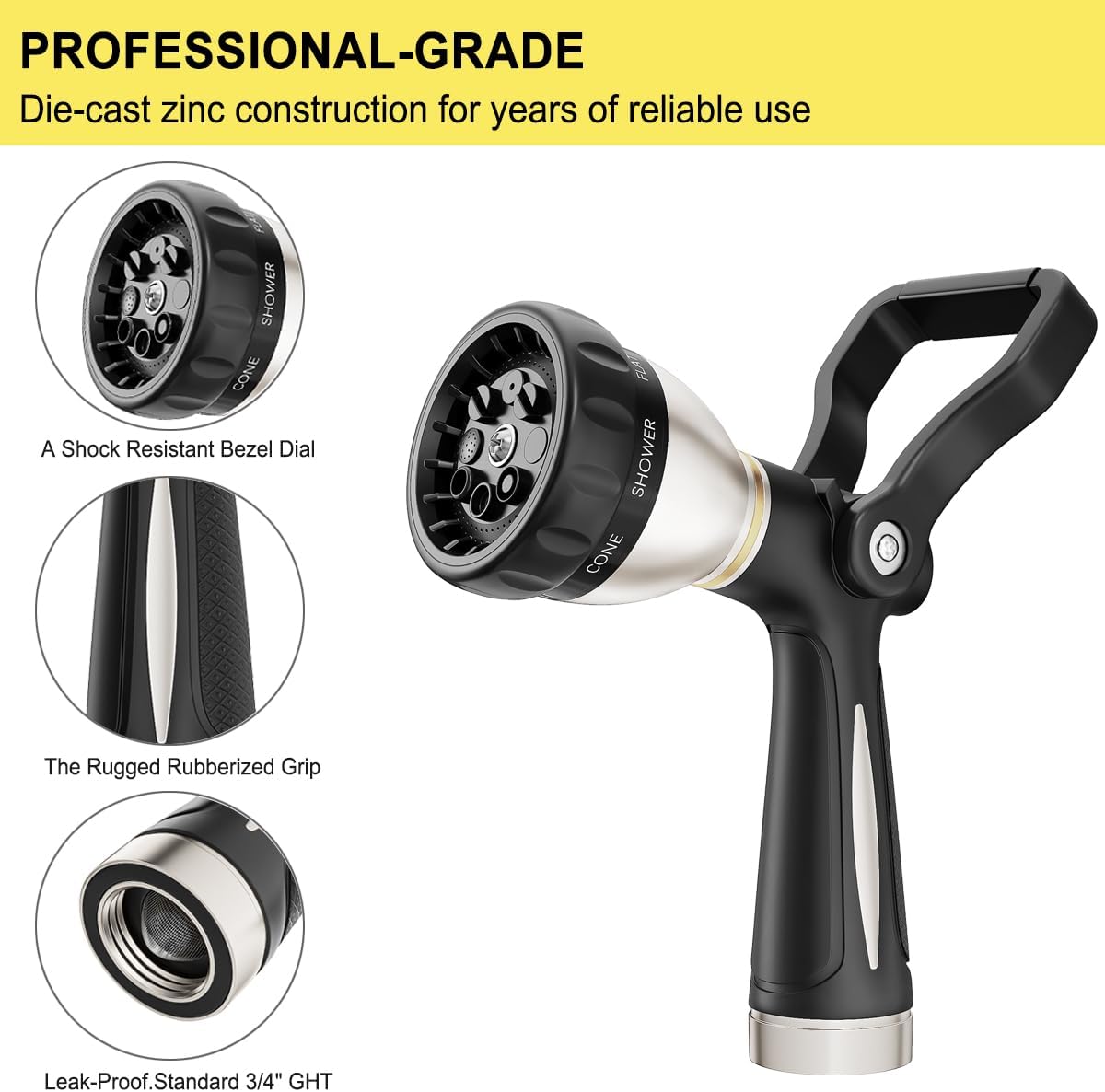 FANHAO Heavy Duty Fireman's Hose Nozzle, Metal Water Nozzle with 8 Spray Patterns，High Pressure Garden Hose Sprayer with Lever Control and Non-Slip Grip to Water Lawns & Plants, Wash Cars & Clean