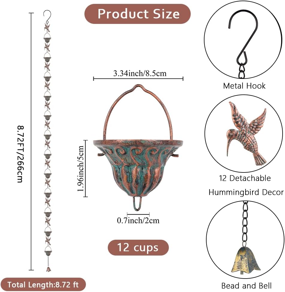 Rain Chain for Gutters, 8.7 Ft Rain Chains with 12 Cups & Detachable Hummingbird Decor, Adjustable Rain Catcher Chain with Bell for Eaves Drainage, Replacement for Downspout