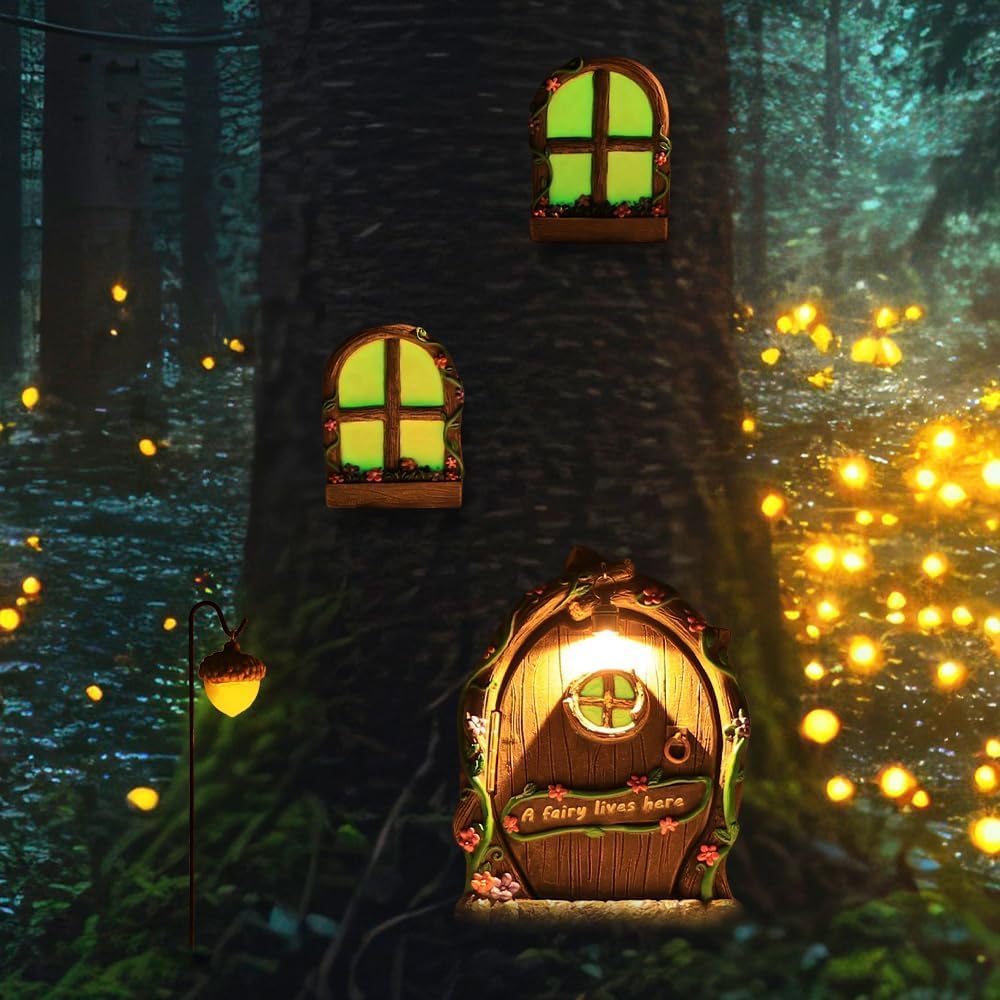 MEETYAMOR Miniature Fairy Garden Accessories, 4 PCS Opening Fairy Door and Windows with Light for Trees, Glow in The Dark Yard Art Outdoor Statues Fairy House Kit Garden Decor for Outside