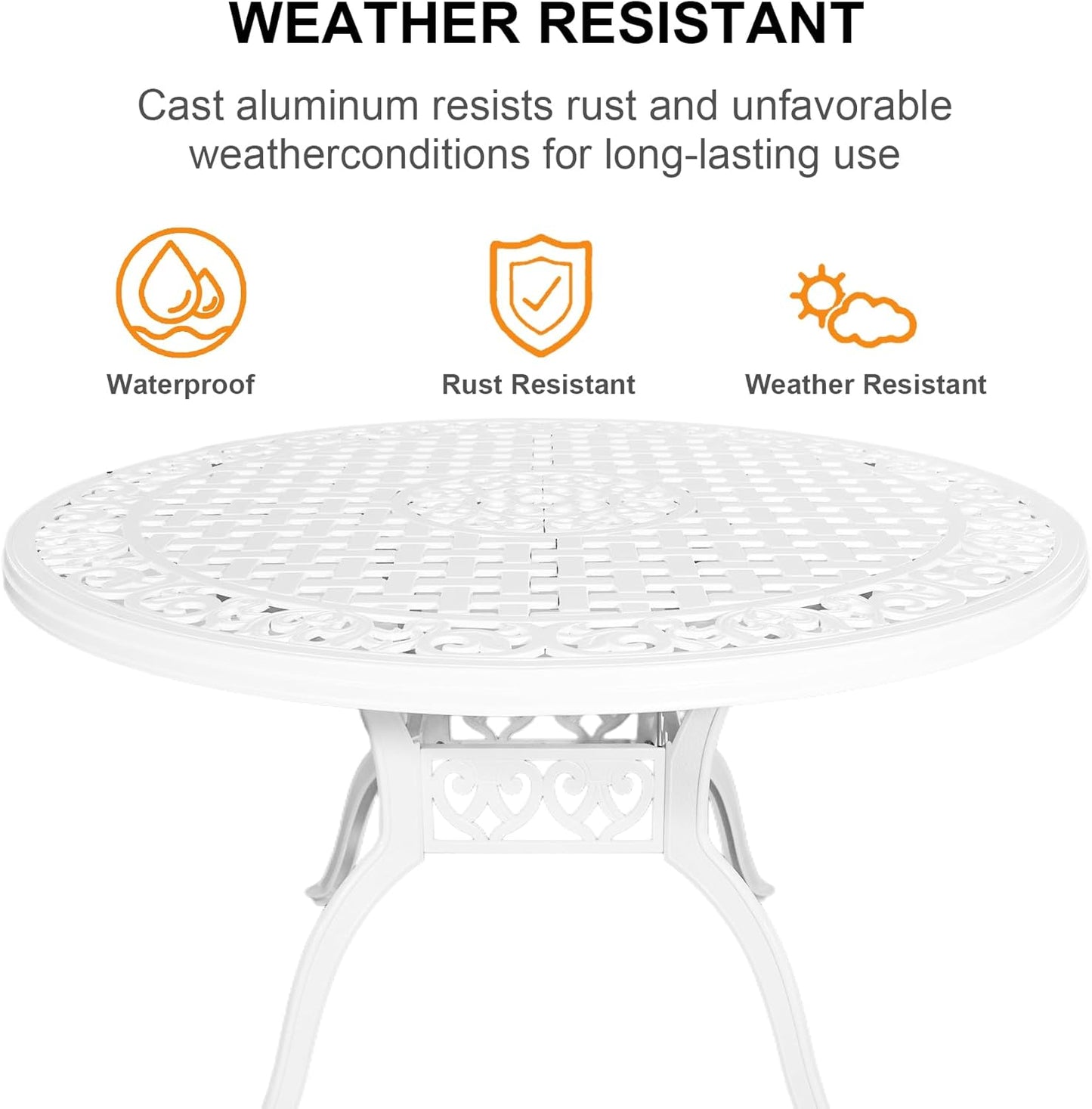 7 Pieces Cast Aluminum Outdoor Dining Set, Round 48" Dining Table with 2.36" Umbrella Hole and 6 Armchairs,All-Weather Patio Bistro Dining Set Outdoor Furniture Set for Patio, Balcony,White