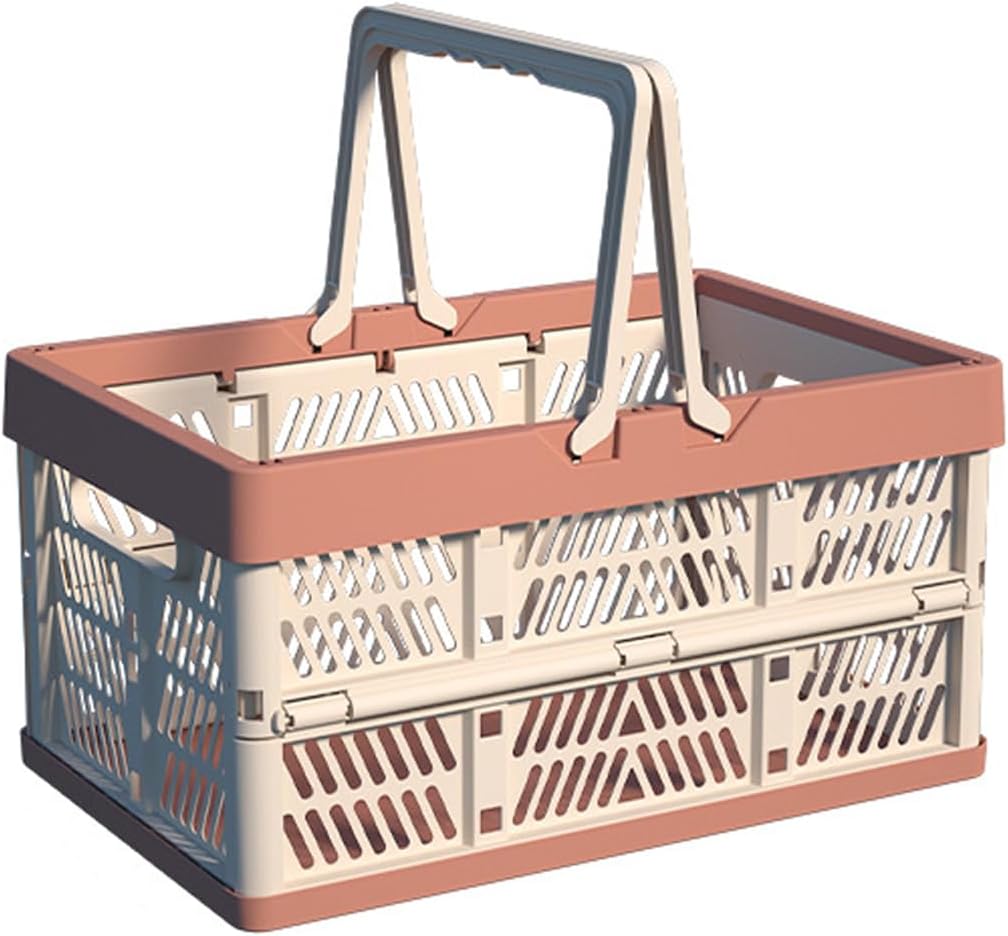 Foldable Handle Storage Crate Bin - 20L Collapsible Plastic Crate Stacking Storage Basket - Pink & Rose M