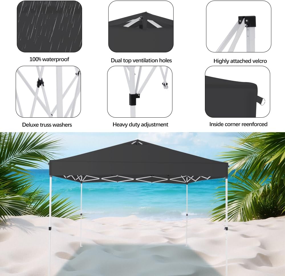 10x10 Pop Up Canopy Tent – One-Person Setup, Waterproof & UV-Blocking, Heavy-Duty Steel Frame, Wheeled Bag & Sandbags – Outdoor Shade for Beach, Camping, Backyard, Tailgate, Events (Black)