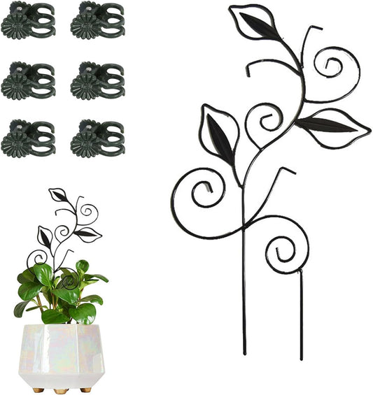 Decorative Metal Plant Trellis for Indoor Potted Plants – Leaf Shape Vine Support Stakes with 6 Plant Clips, Black/Green/Gold Garden Trellises for Climbing Plants, Vines (Black 1pc)