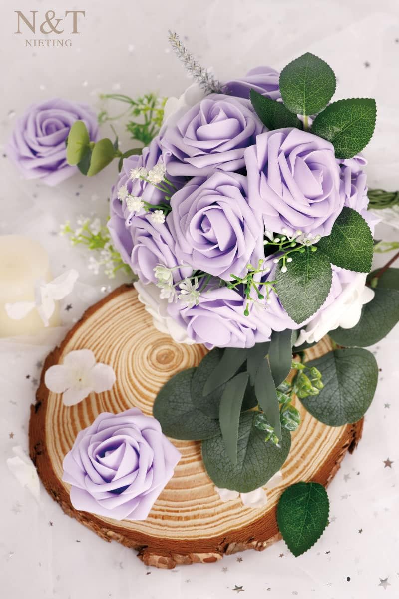 N&T NIETING Artificial Flowers, 50pcs Lavender Fake Rose Flowers with Stem for DIY Wedding Bouquets Centerpieces Arrangements Party Baby Shower Home Decorations