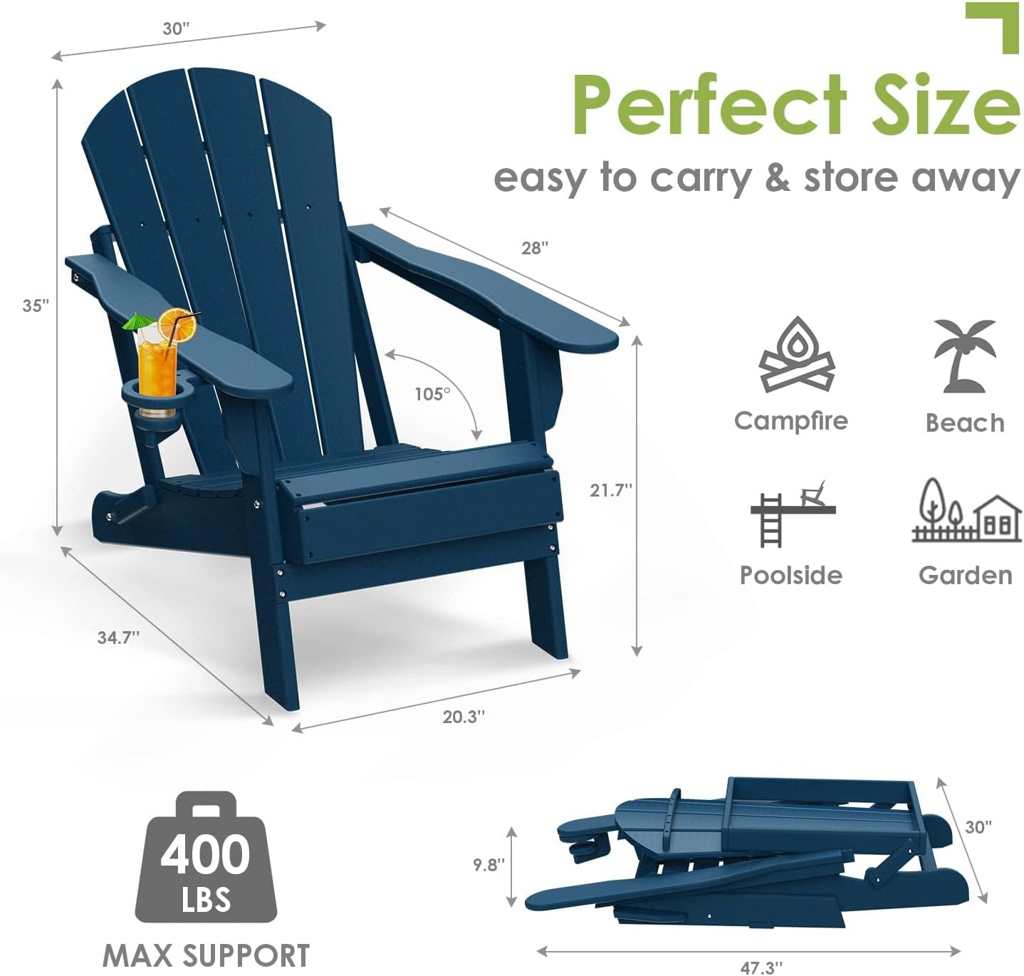 GREENVINES Folding-Adirondack-Chairs-Set-of-4 | HDPE Plastic | Fire Pit Chair | All Weather | Cup Holder | Blue | for Deck Backyard Patio Outdoor Garden