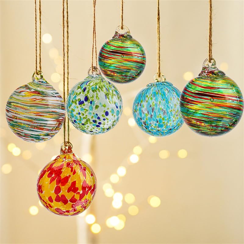 6 Pcs Blown Glass Ornaments Balls, 2.3inch Hand Blown Glass Christmas Ornaments for Tree, Hanging Gazing Ball Friendship Ball Witch Balls for Window Garden Home Decor for Women