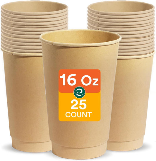 ECO SOUL 100% Compostable Plant-Based 16oz Hot Cups | (25 Count, 16 oz Hot Cups) | Disposable Bagasse Paper Cups | Eco-friendly Cups | Sturdy, Microwave & Oven Safe