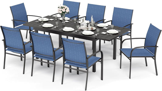 HERA'S HOUSE 9 Pieces Outdoor Table and Chairs Set, 8 x Patio Chairs and 1 x Extendable Metal Dining Table for Lawn Garden Backyard Deck