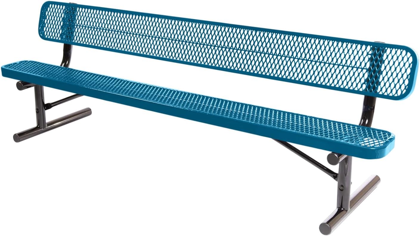 Heavy-Duty Portable Outdoor Bench Thermoplastic Coated, Expanded Metal, Commercial-Grade Seating, Made in America (Portable with Back, 8 Ft, Light Blue)