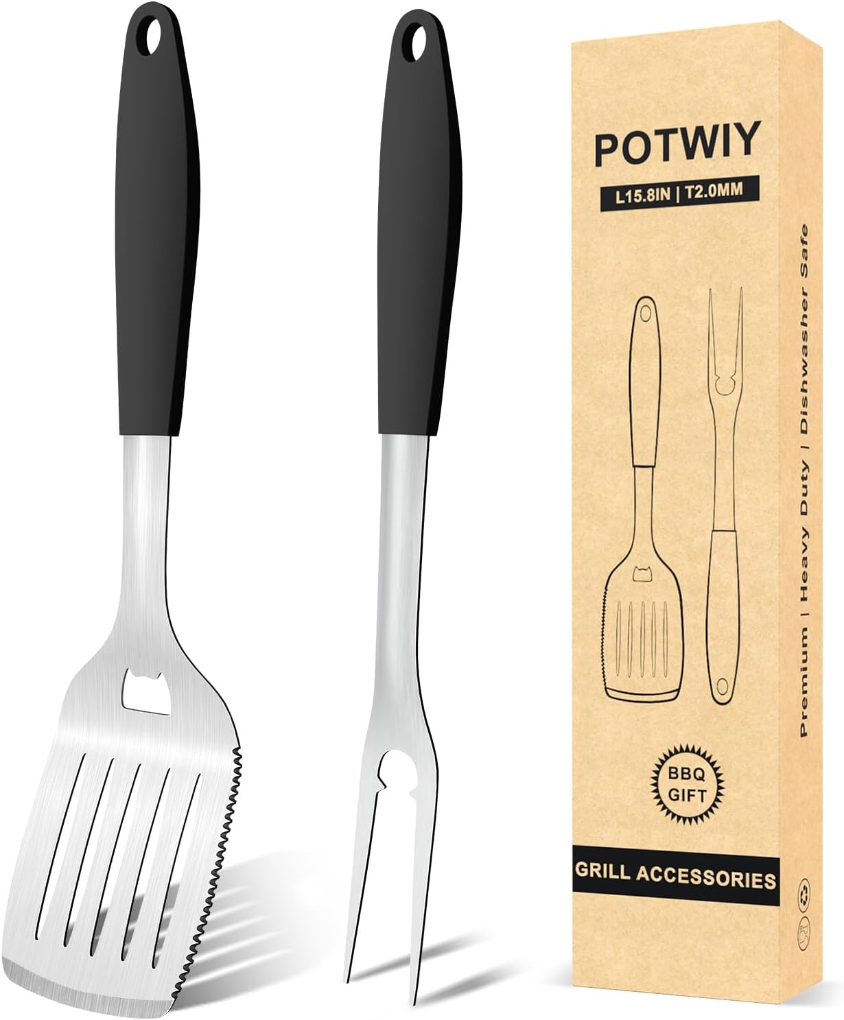 Grill Tools BBQ Accessories Set of 2, 15.8'' Heavy Duty Stainless Steel Grill Utensils with Grill Spatula and Fork, Full Tang Silicone Handle, Outdoor Grilling Tools Barbecue Accessories