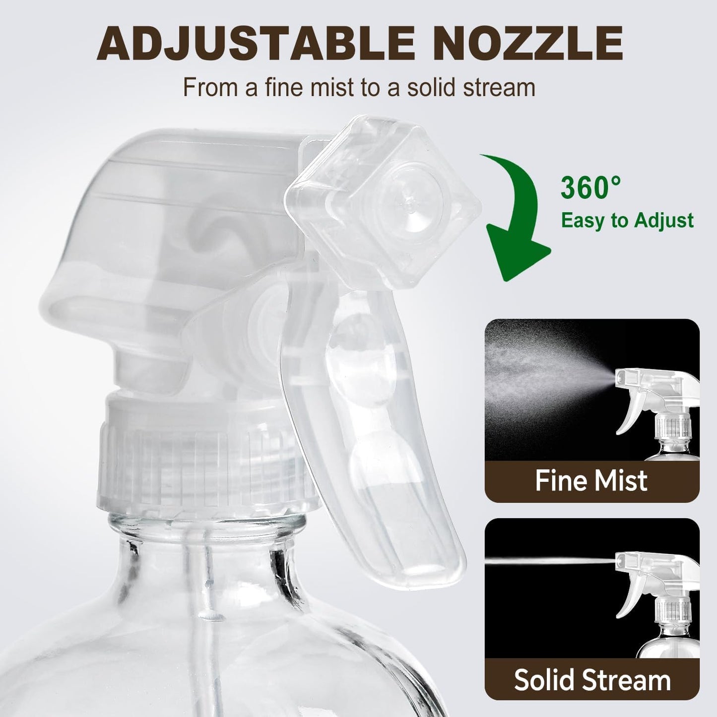 Glass Spray Bottles with Silicone Sleeves (2 Pack, 16 oz), Mist and Stream Empty Refillable Containers, Water Sprayer Misting Bottle for Cleaning Solutions, Planting, Hair Spraying, Green & Grey