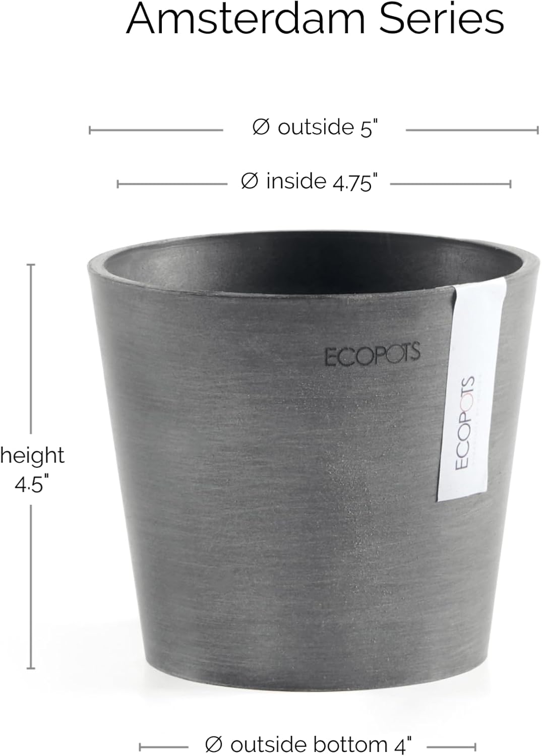 Ecopots Amsterdam Mini Durable Modern Round Recycled-Based Composite Flower Pot Planter, Grey, 5"