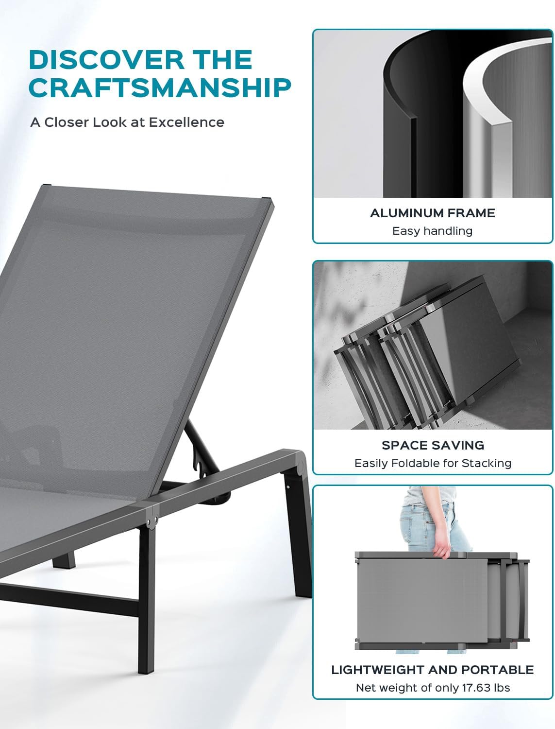 Aluminum Chaise Lounge Ourdoor - Foldable & Assemble Free Outdoor Lounge Chair with 5 Adjustable Backrest, Patio Lounge Chair for Outside Poolside Beach Pool, Grey