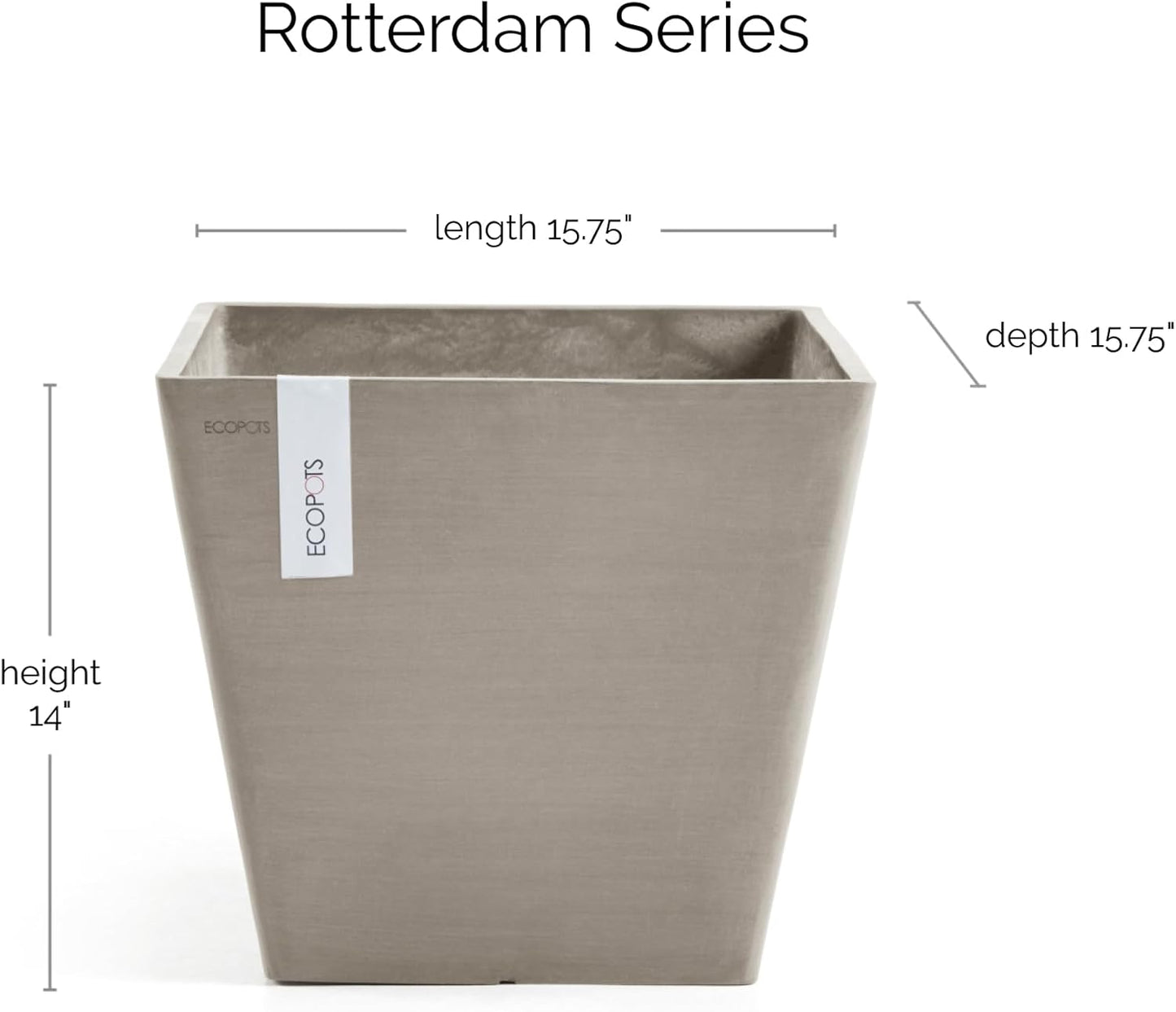 Ecopots Rotterdam Durable Modern Square Indoor/Outdoor Recycled-Based Composite Flower Planter, Taupe, 15.75"