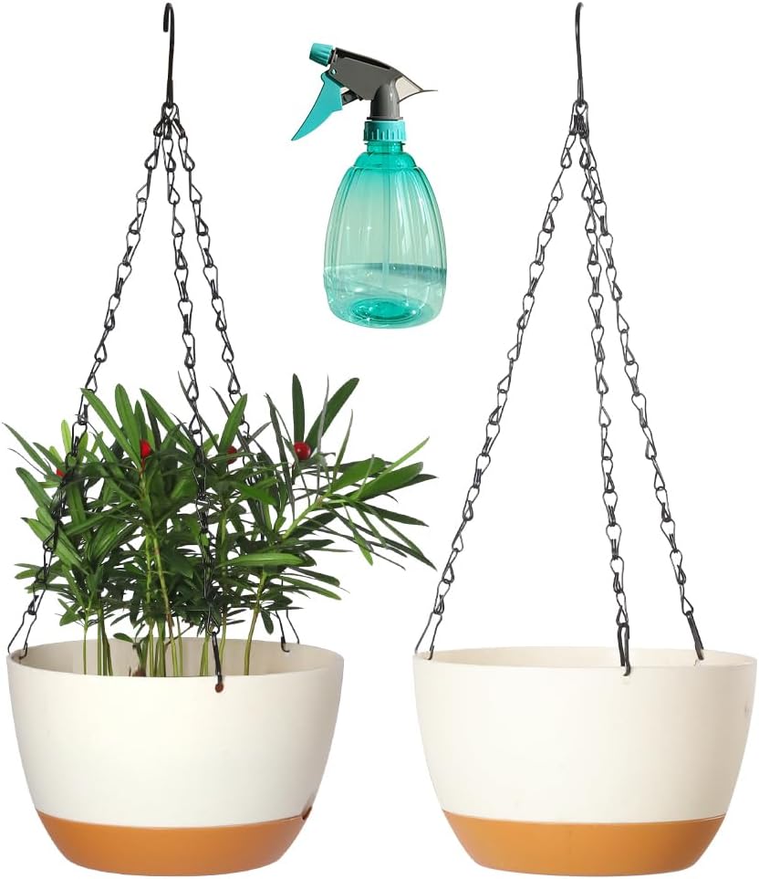 2 Pack Plastic Hanging Planters Set ,8.3 Inch Hanging Flower Plant Pot with Drainage Hole for Indoor Outdoor Plants, Round Hanging Basket with Removable Tray for Home Garden Porch Balcony Patio Decor