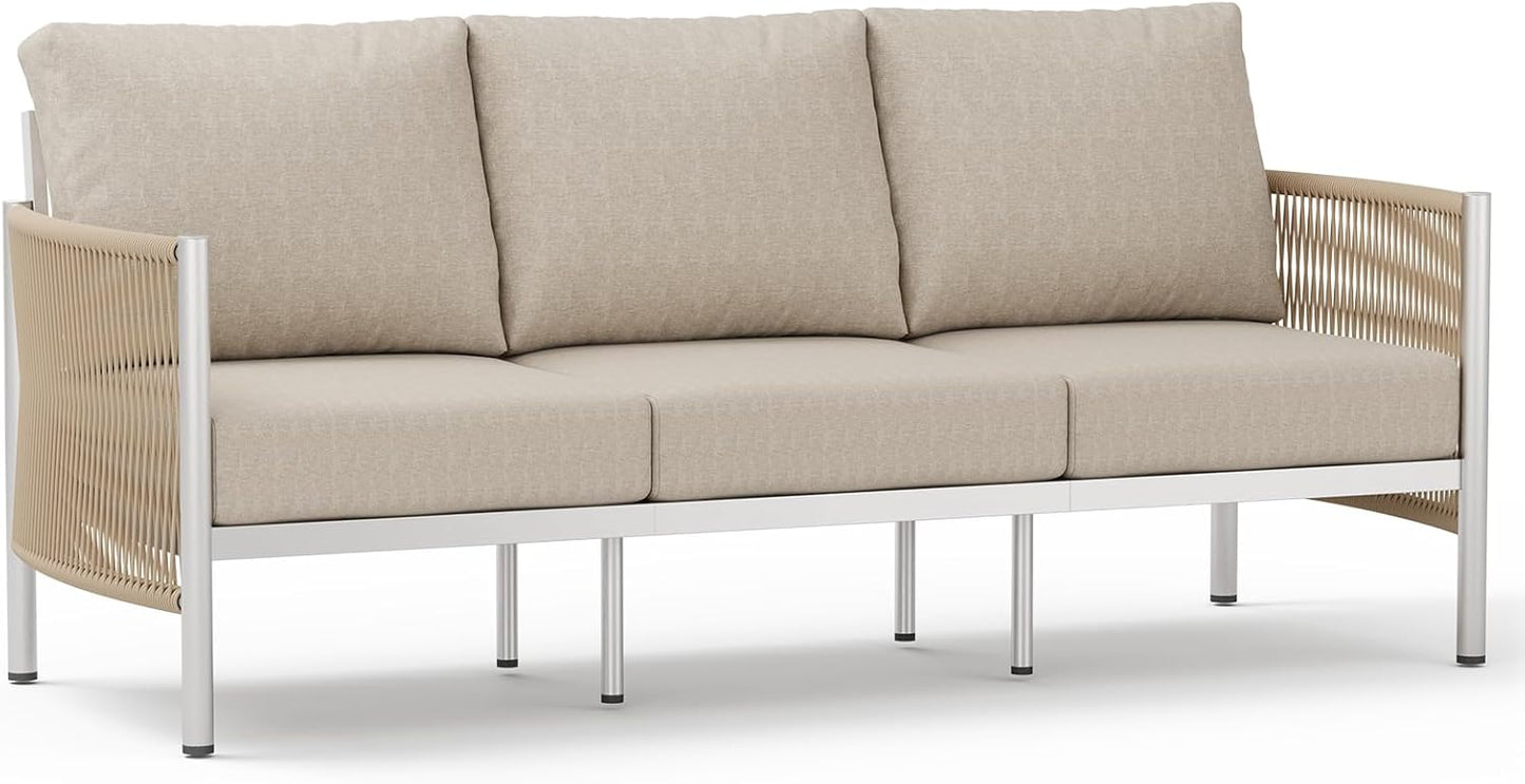 Aluminum Outdoor Patio Couch, 3 Seats HDPE Rope Patio Sofa with Washable Thick Cushion, All-Weather Patio Furniture for Balcony, Yard, Silver Frame, Beige