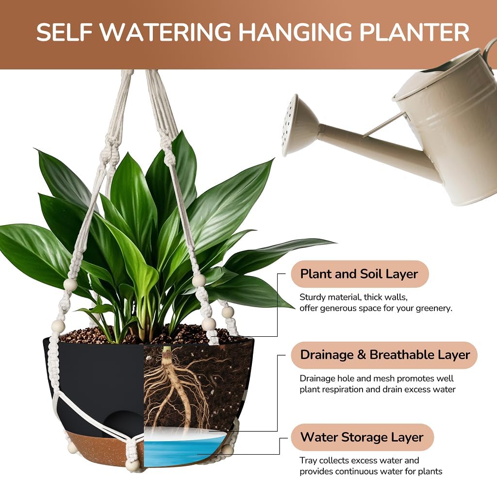 12 Inch Hanging Baskets for Plants Outdoor, Hanging Planters for Indoor Outdoor Plants, Hanging Planter with Self Watering, Hanging Flower Pots (Black Planter with Macrame + Iron Hangers)