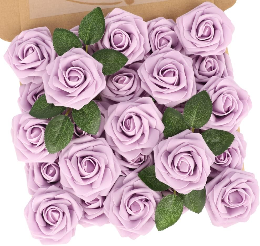 N&T NIETING Artificial Wedding Flowers 25 pcs Lilac Roses Fake Roses with Long Stems for Decortion Mother's Day Baby Shower Arrangements Bouquets