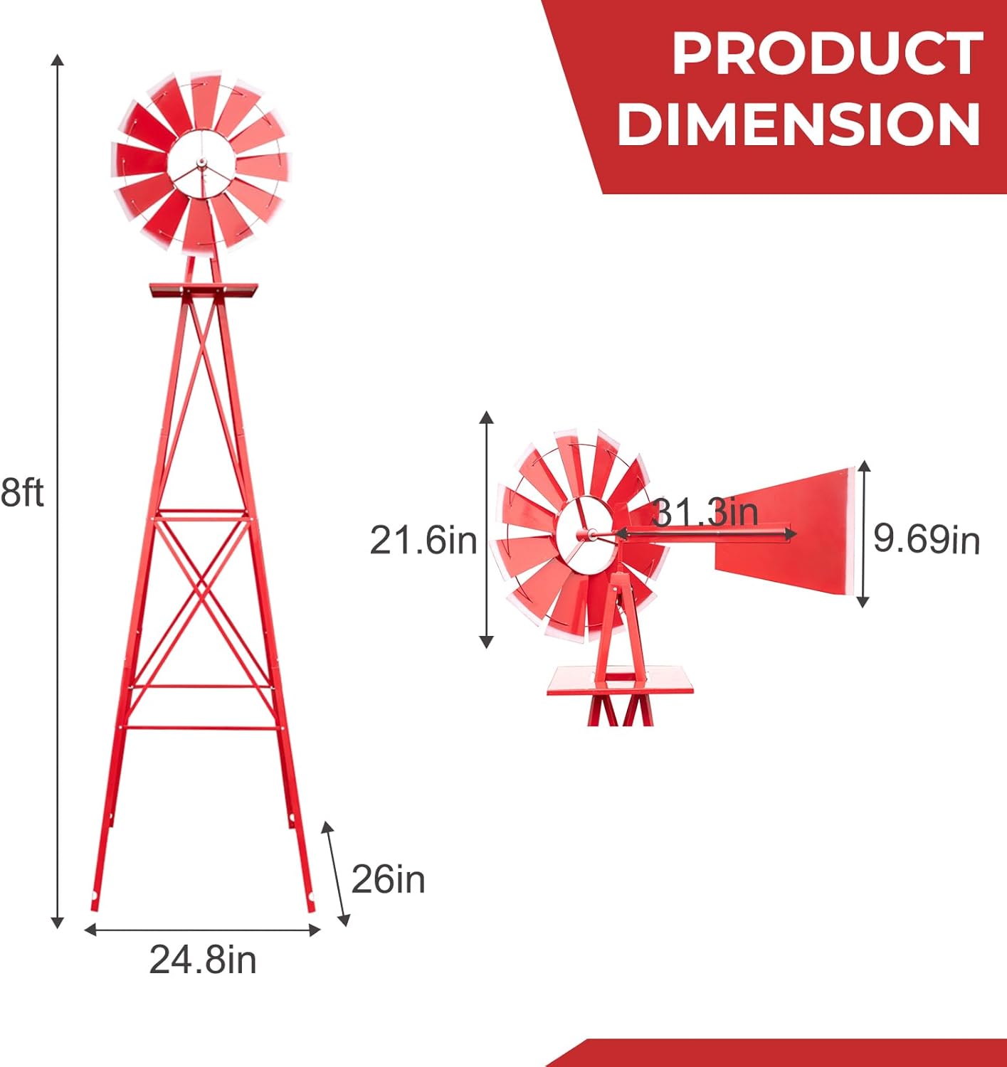 Outvita 8FT Ornamental Windmill, Heavy Duty Durable Metal Weather Vane Garden Decoration Weather Resistant for Garden, Yard, Farm, Seaside (8ft-red)