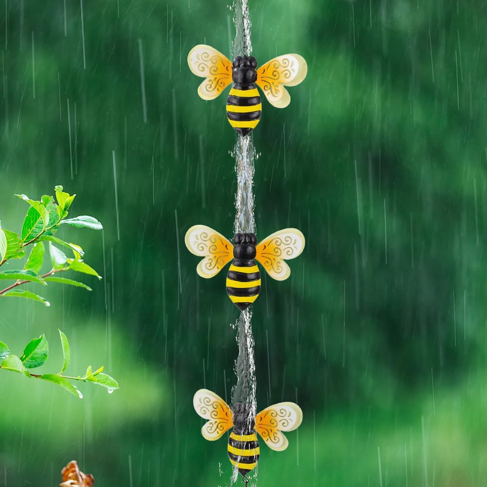 8.4 FT Rain Chains for Outside, Decorative Glow Bee Rain Chain with 12 Cups, Metal Adjustable Rain Catcher Chain, Replacement Downspout for Gutters