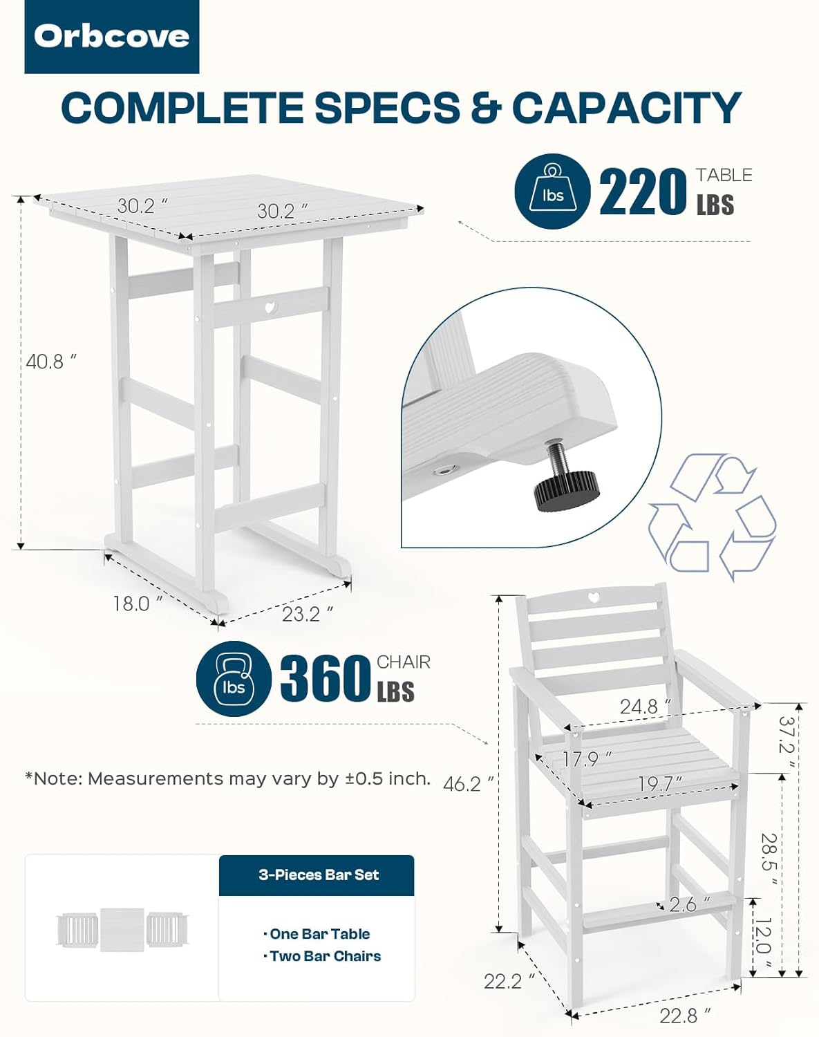 5-Piece Bar Height Patio Table and Chairs Set, HDPE Wood Grain Outdoor Bar Table and Chairs with Heart Cutout Design, Weather-Resistant Bar Height Furniture for Deck, Porch, Pool (White)