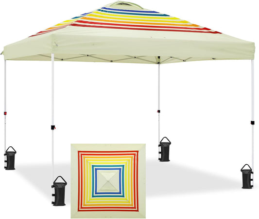 EAGLE PEAK Pop Up Canopy Tent with Wheeled Carry Bag, 8 Stakes, 4 Ropes, 4 Weight Bags, Easy Set Up Tent Canopy, 10x10 ft, 100sqft of Shade, Retro Stripe Tan
