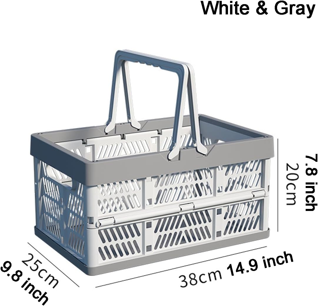20L Plastic Collapsible Storage Crate - Foldable Handle Crate Storage Basket Bin - White & Gray M