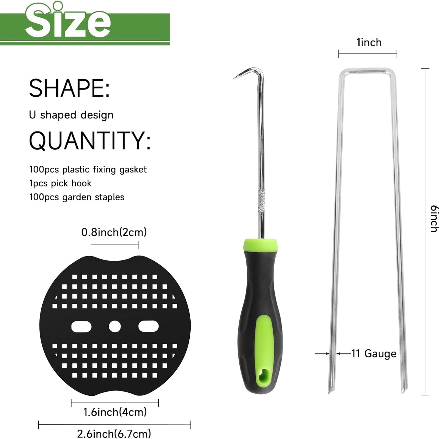 Garden Stakes,6 Inch 11 Gauge 100pcs Galvanized Landscape Staples + 100pcs Gaskets + 1Pick Hook, Tent Stakes Landscaping Fabric SOD Pins for Weed Fabric Barrier,Groud Cover,Fence